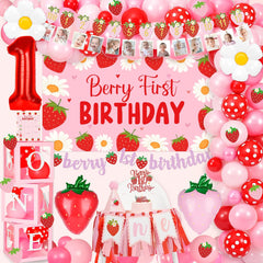 Berry First Birthday Decor Strawberry 1St Birthday Decorations for Girls with Balloon Arch, Highchair Banner Strawberry Theme Backdrop, Photo Banner, Cake Topper