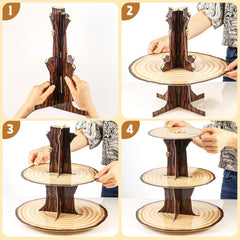 Wooden Cupcake Stand Decoration 3 Tier Western Party Cake Holder Woodland Baby Shower Rustic Wood Cupcake Stand Decor for Camping Birthday Party Woodland Animals Hunting Forest Safari Party Supplies