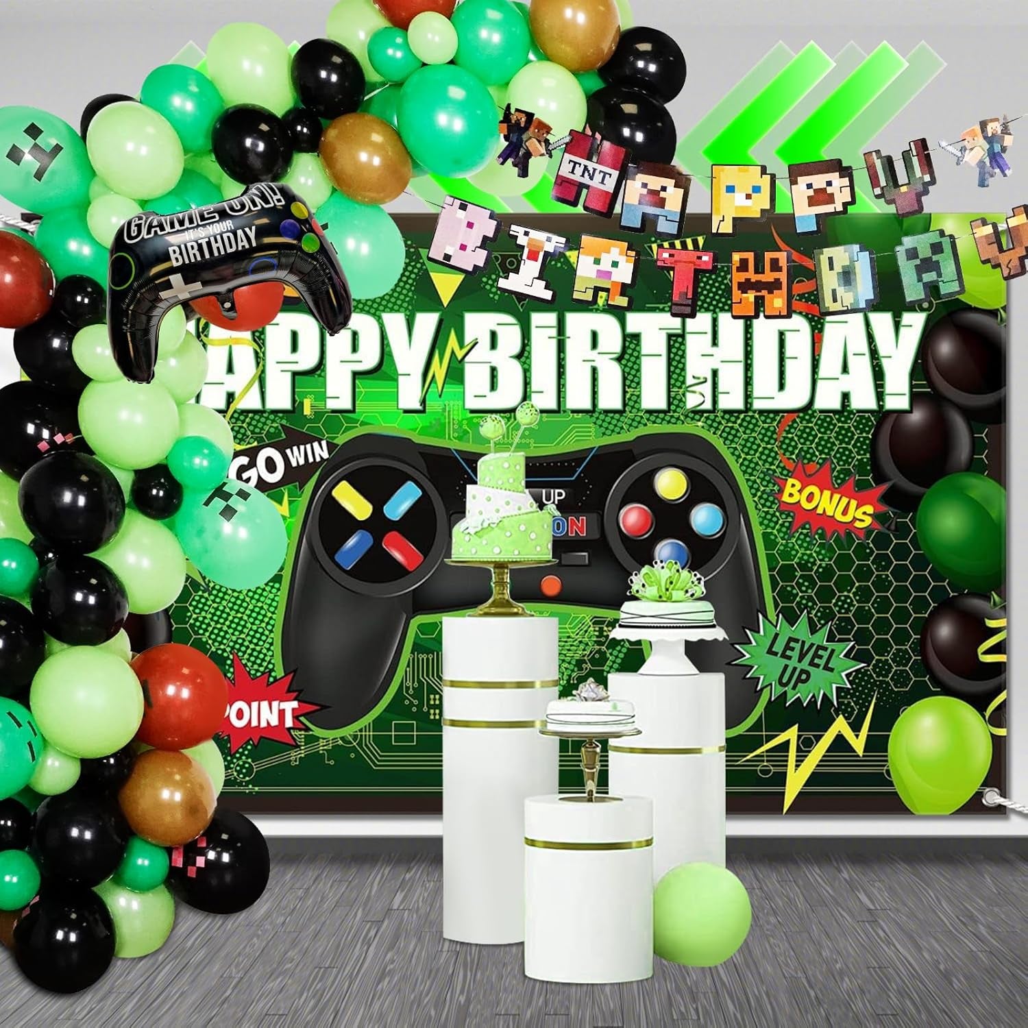 Video Game Balloon Arch Garland Kit - Black Green Brown Game Controller Mylar Balloons and Happy Birthday Banner for Video Game Birthday Decorations Balloon Arch Kit for Pixel Theme Party
