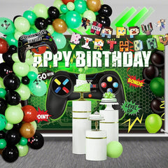Video Game Balloon Arch Garland Kit - Black Green Brown Game Controller Mylar Balloons and Happy Birthday Banner for Video Game Birthday Decorations Balloon Arch Kit for Pixel Theme Party