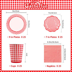 Gingham Red and White Party Supplies Disposable Paper Plates Napkins Cups Knives Spoons Forks Tablecloth Banner for Birthday Party Family Dinner Picnic Barbecue Mother'S Day Party, Serve 25