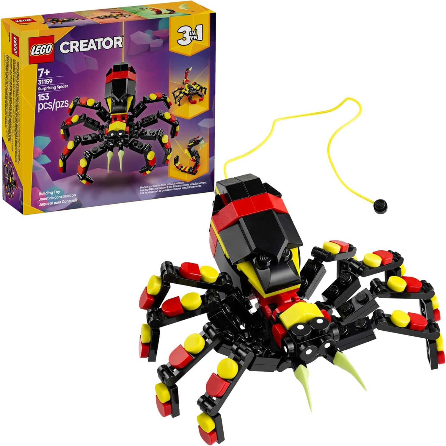 Creator 3 in 1 Wild Animals Surprising Spider Toy - Building Toy with 3 Build Options, Spider, Scorpion, or Snake - Animal Figures for Kids, Boys & Girls, Ages 7+ - Gift Idea for Birthday - 31159