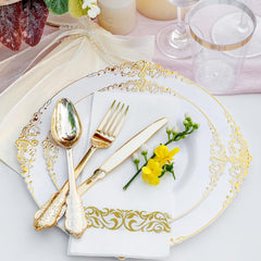 350PCS Gold Plastic Plates - Gold Plastic Dinnerware Sets for 50 Guests - 100 Disposable Plates, 150 Silverware, 50 Cups, 50 Napkins for Wedding & Party & Father'S Day