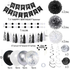 Birthday Decorations for Men, Black and Silver Happy Birthday Party Decorations, Black and White Party Supplies - Banner, Balloons, Tissue Pompoms, Swirls, Tassels Garland