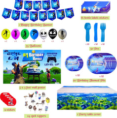 Gaming Party Supplies Birthday Decoration Set 142 Pack - Balloons, Toppers, Bottle Stickers Labels, Stickers, Wall Poster, Banner Video Game Themed & More