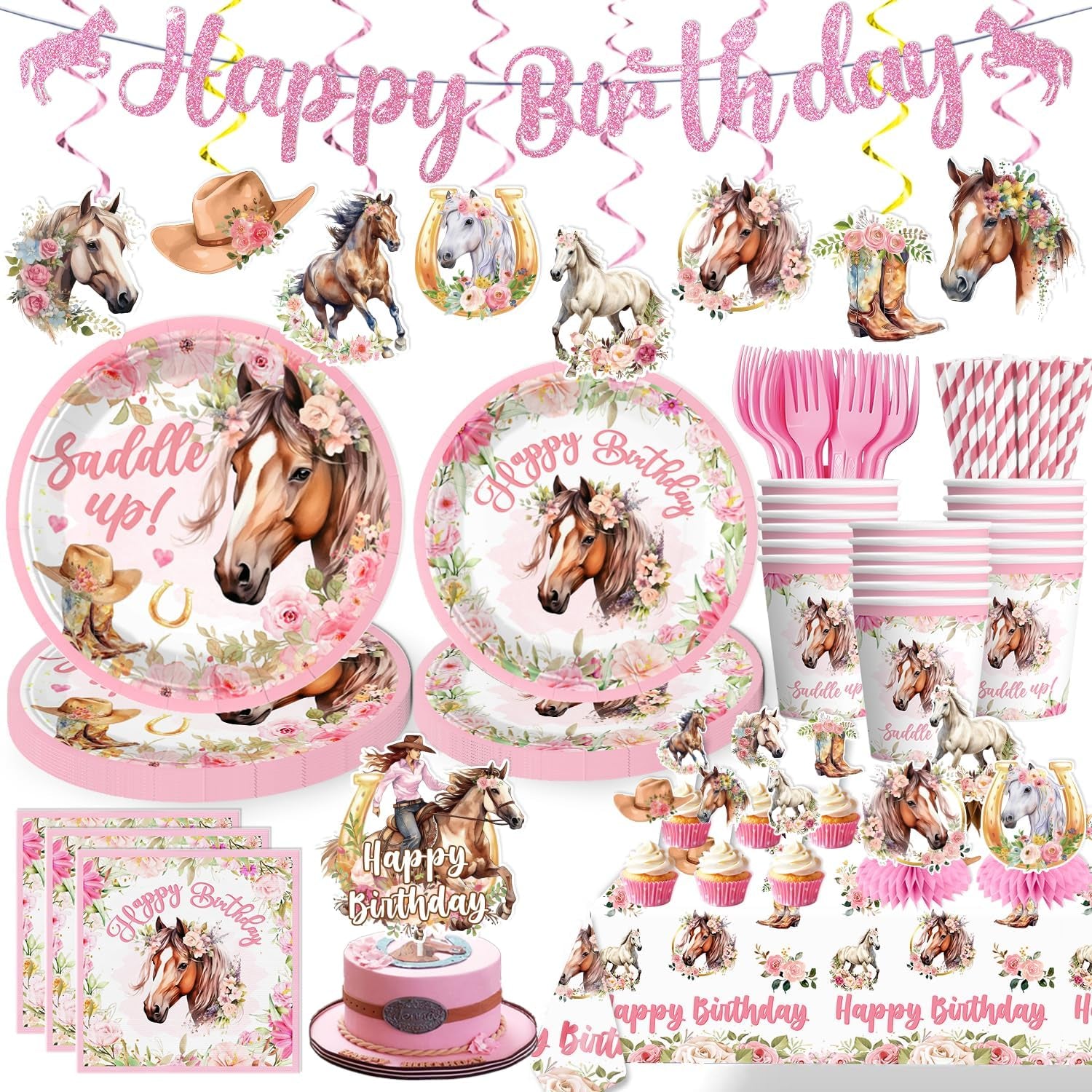 185 Pcs Cowgirl Birthday Party Decorations Tableware Set, Horse Party Supplies Includes Plates, Napkins, Cups, Banner, Hanging Swirl, Tablecloth, Cake Topper, for Girl Birthday Decorations, Serve 25