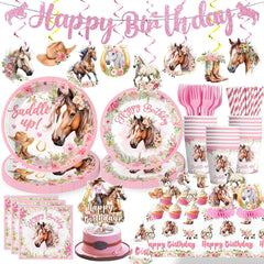 185 Pcs Cowgirl Birthday Party Decorations Tableware Set, Horse Party Supplies Includes Plates, Napkins, Cups, Banner, Hanging Swirl, Tablecloth, Cake Topper, for Girl Birthday Decorations, Serve 25