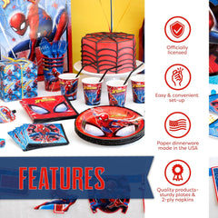Spiderman Birthday Party Supplies Set - Serves 16 Guests | Spiderman Party Supplies Pack with Dinner Plates, Cake Plates, Cups, Napkins and Button
