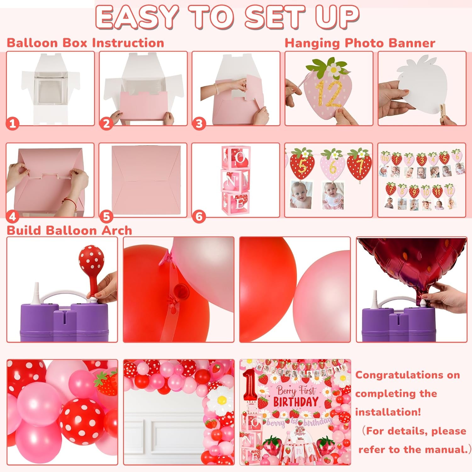 Berry First Birthday Decor Strawberry 1St Birthday Decorations for Girls with Balloon Arch, Highchair Banner Strawberry Theme Backdrop, Photo Banner, Cake Topper