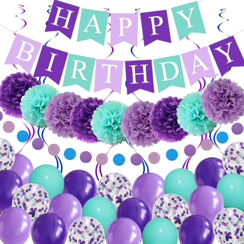 Mermaid Birthday Party Decorations for Girls Women, Happy Birthday Banner Purple Mint Green Confetti Balloons Dots Garland Pompoms Swirls for Party Baby Shower Decorations