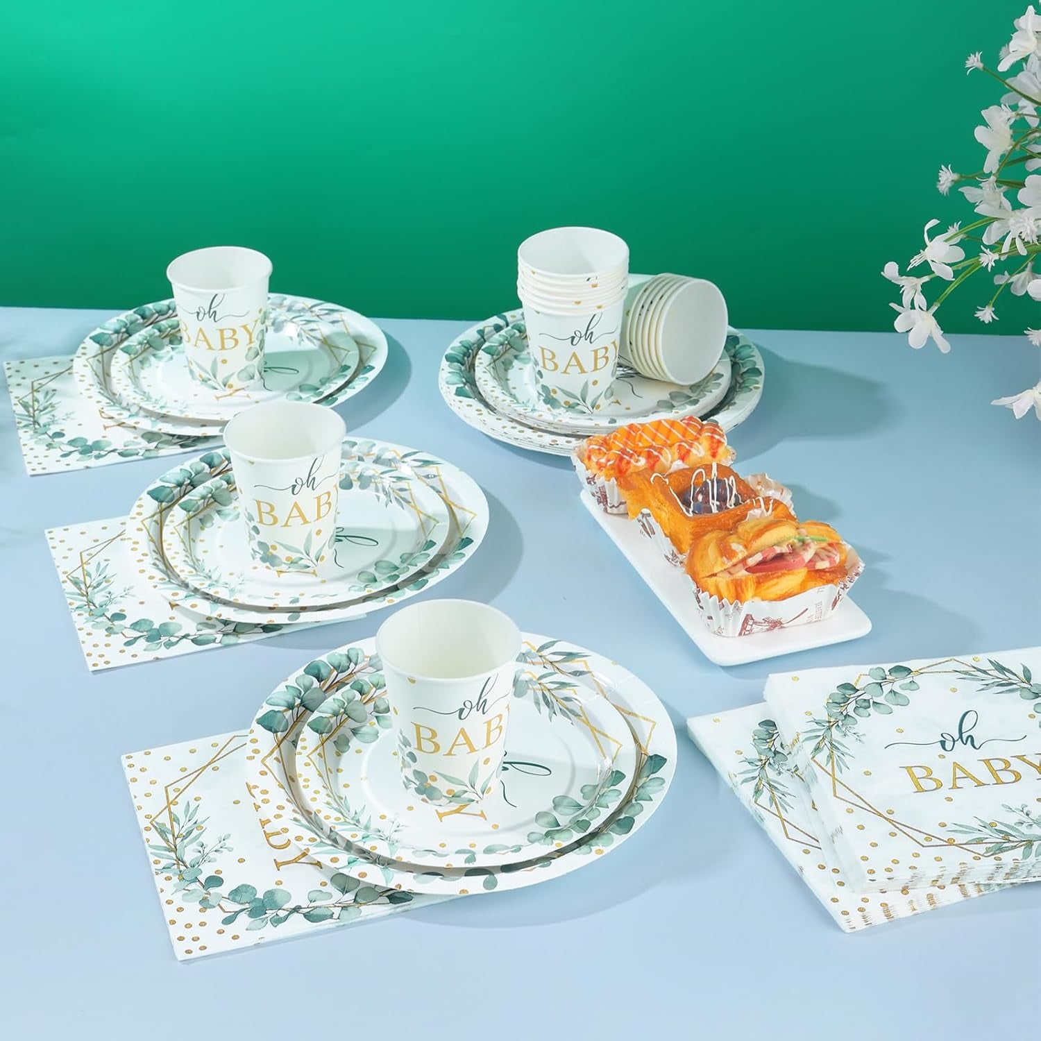 168 PCS Sage Green Baby Shower Decorations Neutral, Baby Shower Plates and Cups and Napkins Sets Serves 24, Oh Baby Plates for Boy, Gender Reveal, Green and Gold Plant Eucalyptus Boho