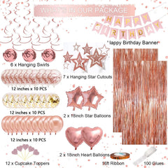 Rose Gold Birthday Party Decorations, Happy Birthday Banner, Rose Gold Fringe Curtain, Heart Star Foil Confetti Balloons, Hanging Swirls for Women Girls Birthdays Princess Party