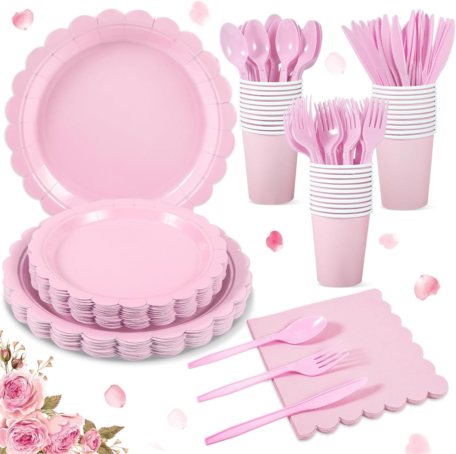 175 Pcs Pink Paper Plates and Napkins, Light Pink Party Supplies Include Scalloped Plate Napkins Cups Plastic Spoons Forks Knives for Baby Shower, Wedding, Birthday