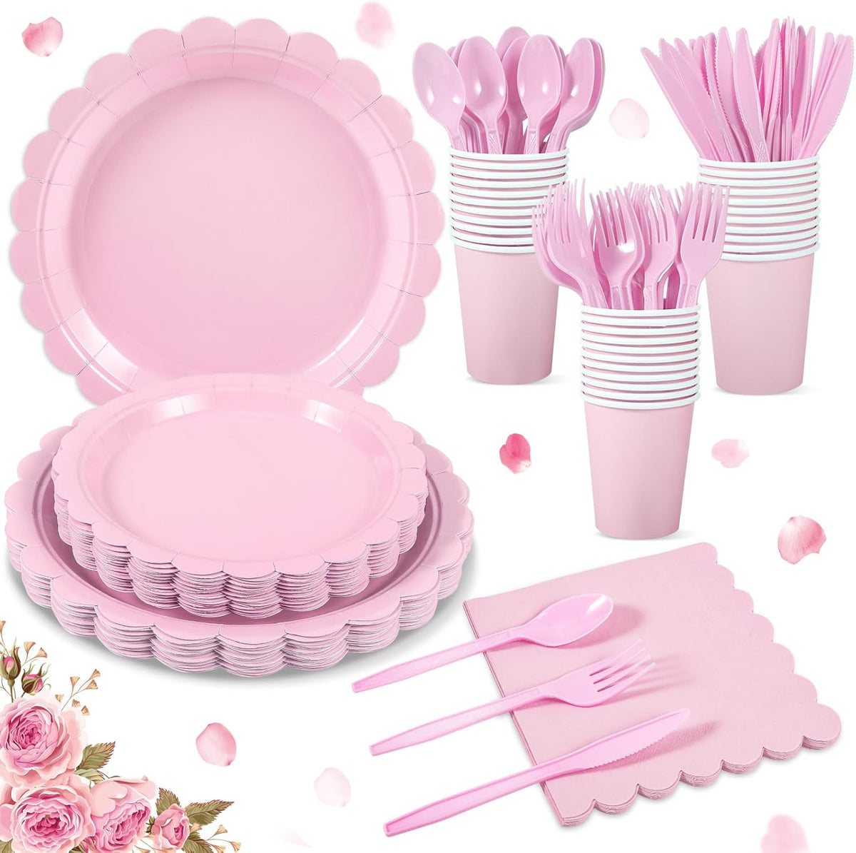175 Pcs Pink Paper Plates and Napkins, Light Pink Party Supplies Include Scalloped Plate Napkins Cups Plastic Spoons Forks Knives for Baby Shower, Wedding, Birthday