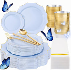 175Pcs Blue Plastic Plates - Heavy Duty Baby Blue Plates Disposable - 25Guests Plastic Dinnerware Ideal for Parties/Wedding/Baby Shower