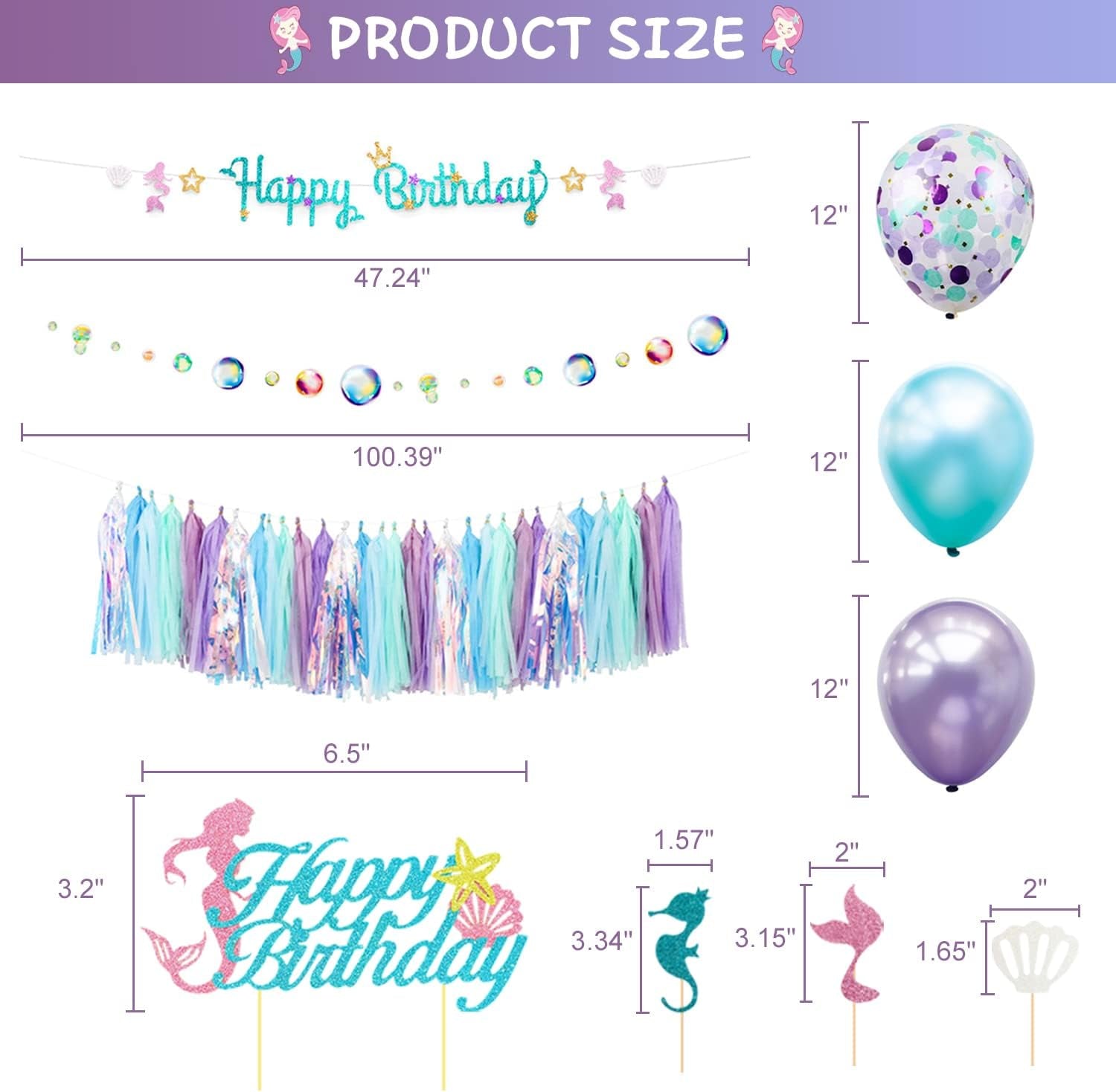 Mermaid Birthday Party Decorations Supplies Banner Tassel Garland Bubble Garland Hanging Jelly Fish Paper Lanterns Balloons Cake Topper Mermaid Happy Birthday Decorations for Kids Girls Women