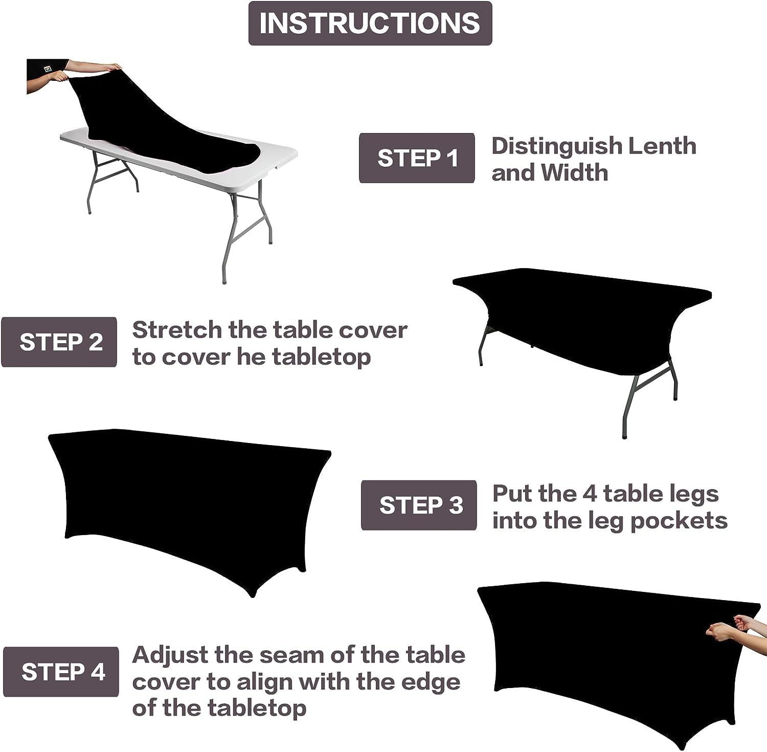 2 Pack 6FT Table Cloth for Rectangular Fitted Events Stretch Black Table Covers Washable Spandex Tablecloth Protector for Party, Wedding, Cocktail, Banquet, Festival