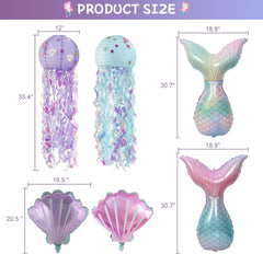 Mermaid Birthday Party Decorations Supplies Banner Tassel Garland Bubble Garland Hanging Jelly Fish Paper Lanterns Balloons Cake Topper Mermaid Happy Birthday Decorations for Kids Girls Women