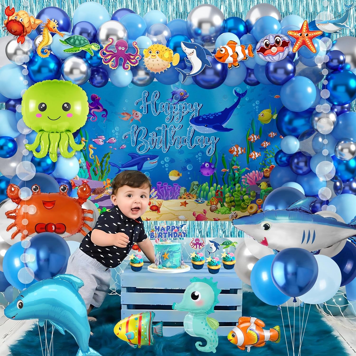 Under the Sea Party Decorations 98Pcs, Ocean Theme Birthday Party Supplies Include Backdrop Tablecloth Bubble Garlands Cake Topper Ocean Animals Balloons for Pool Beach Party Baby Shower (Ocean-01)