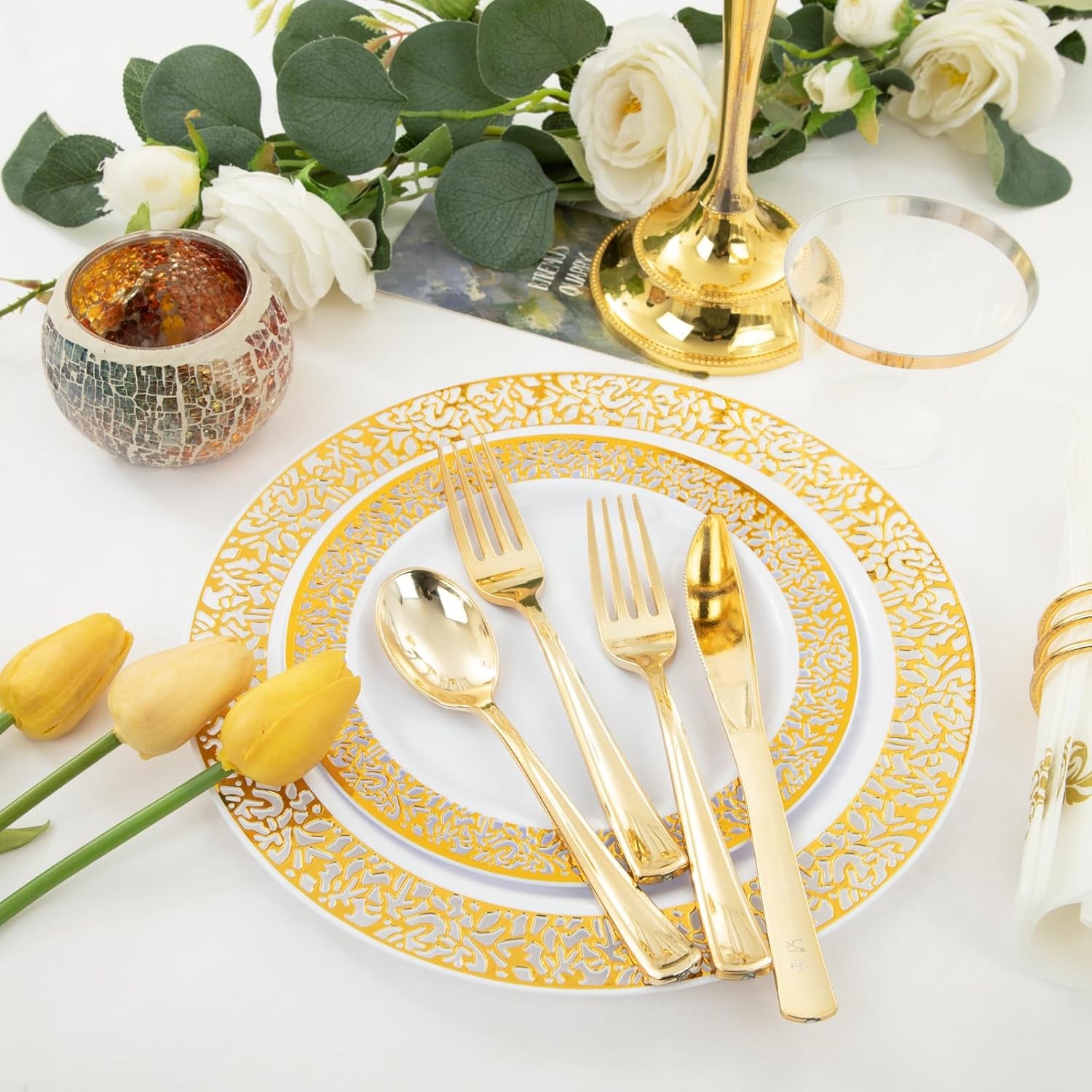 350-Piece Premium Gold Dinnerware Set - Includes Dinner Plates, Dessert Plates, Napkins, Cups, and Plastic Cutlery for Elegant Events