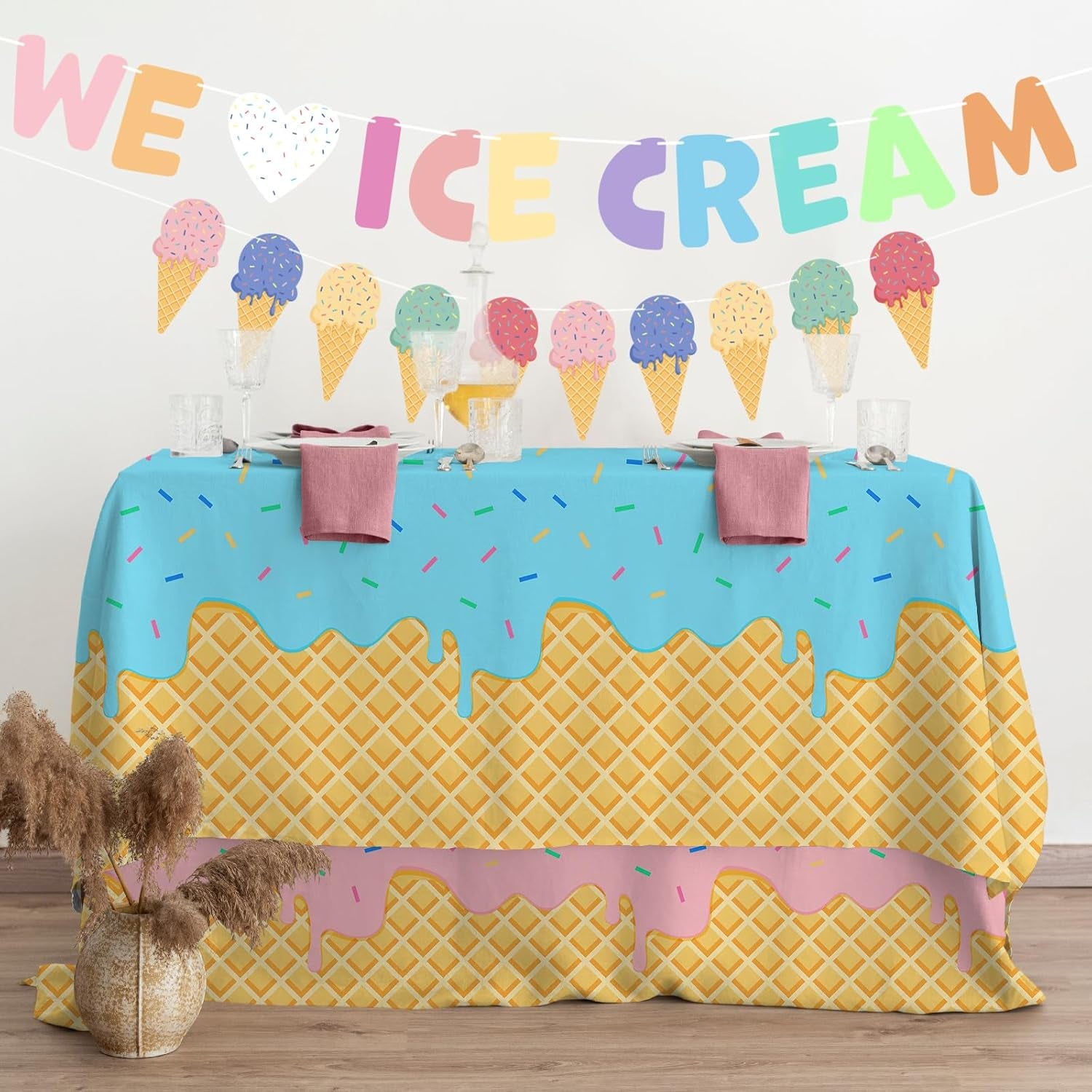 Ice Cream Party Supplies: 2-Pack Ice Cream Birthday Party Decorations,Disposable Plastic Tablecloth, Ideal Table Cover for Kids & Girls Birthday, Baby Shower & Themed Parties, 54 X 108 Inch