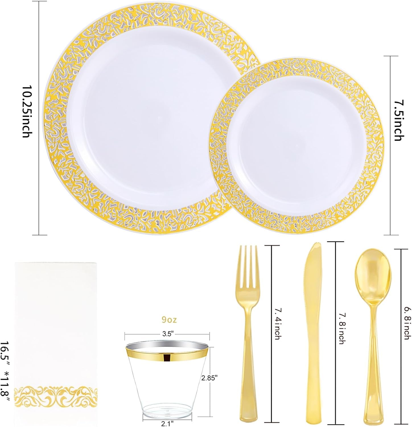 350-Piece Premium Gold Dinnerware Set - Includes Dinner Plates, Dessert Plates, Napkins, Cups, and Plastic Cutlery for Elegant Events