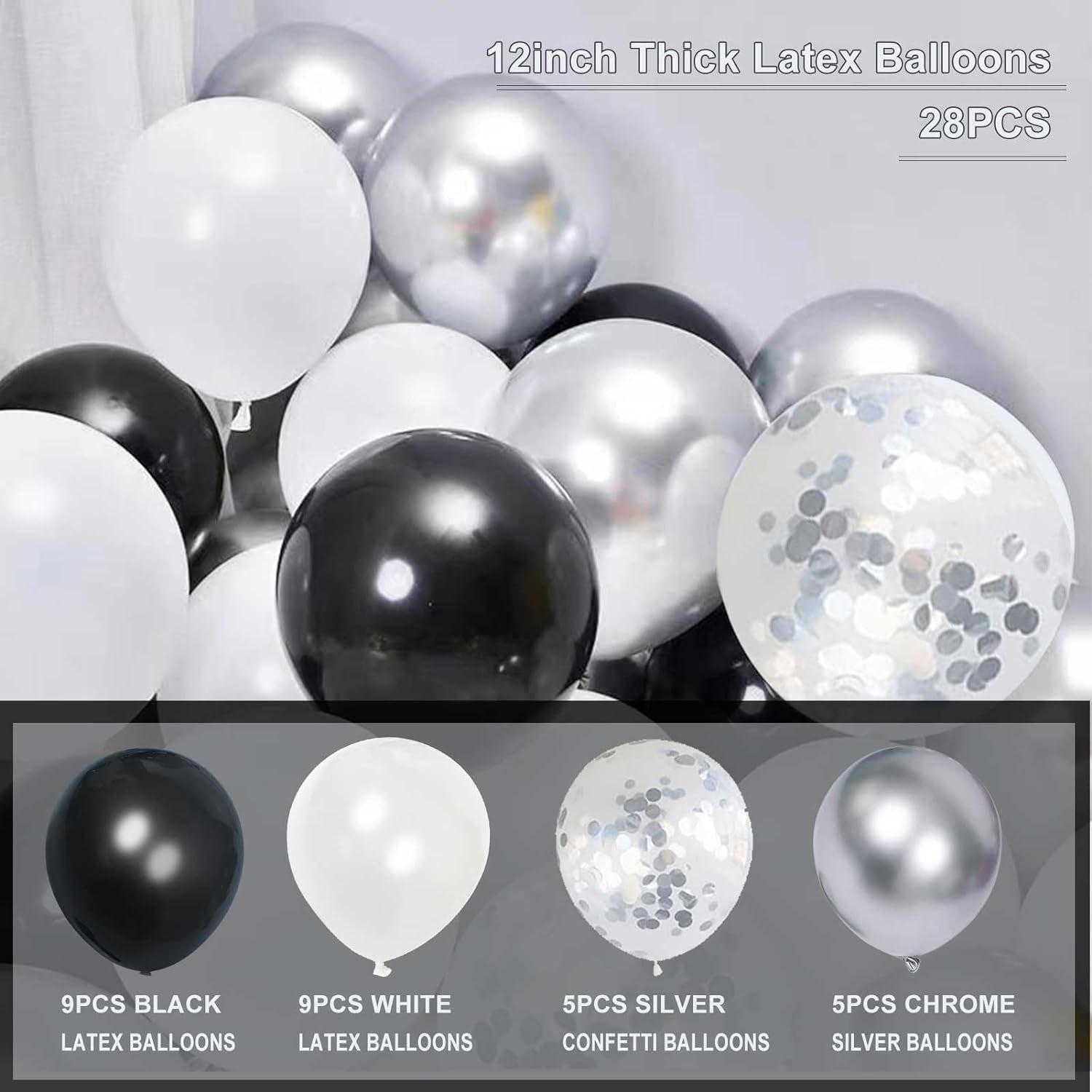 Birthday Decorations for Men, Black and Silver Happy Birthday Party Decorations, Black and White Party Supplies - Banner, Balloons, Tissue Pompoms, Swirls, Tassels Garland