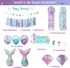 Mermaid Birthday Party Decorations Supplies Banner Tassel Garland Bubble Garland Hanging Jelly Fish Paper Lanterns Balloons Cake Topper Mermaid Happy Birthday Decorations for Kids Girls Women