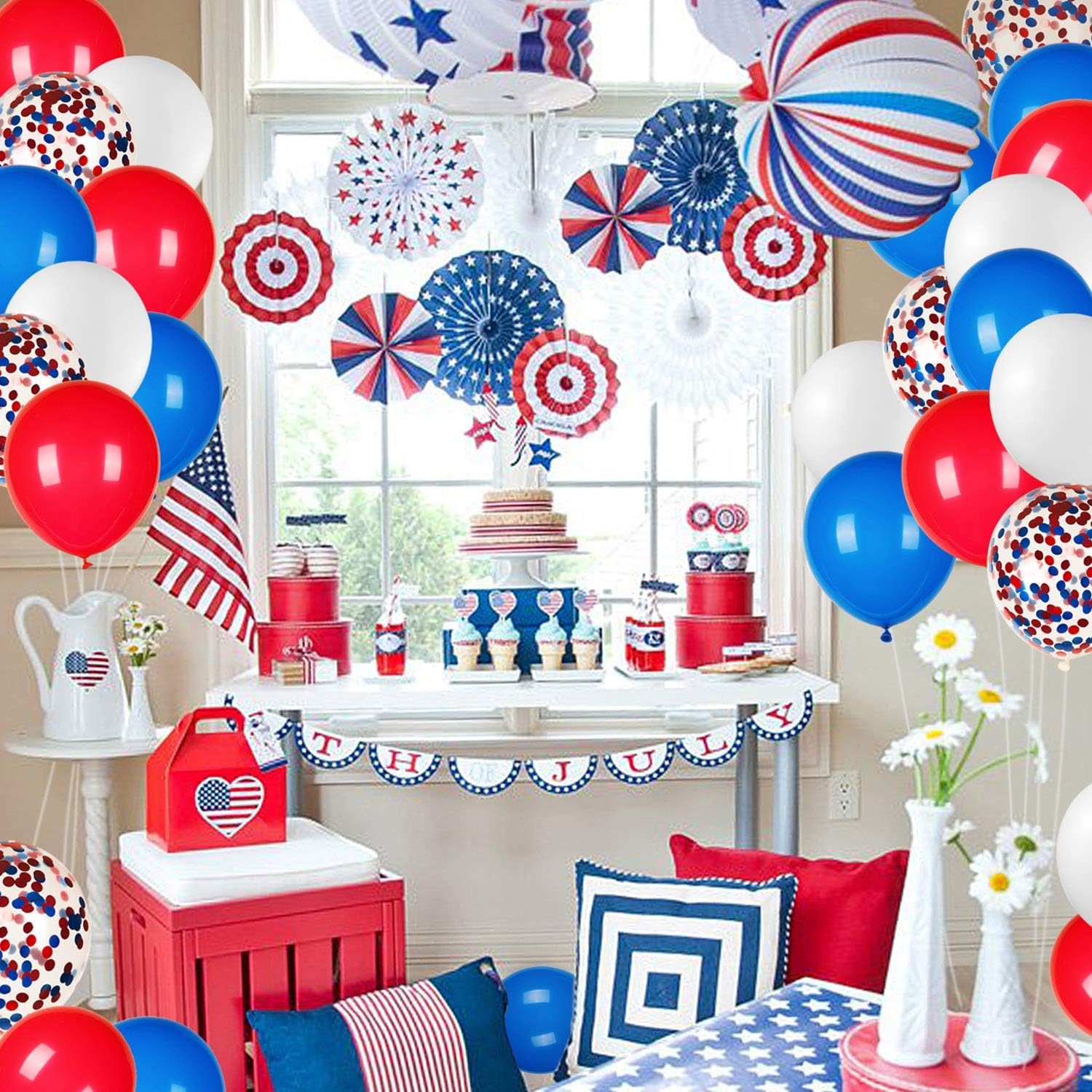 80Pcs Red White and Blue Latex Balloons with Confetti Balloons for 4Th of July Decorations Independence Day Patriotic Anniversary