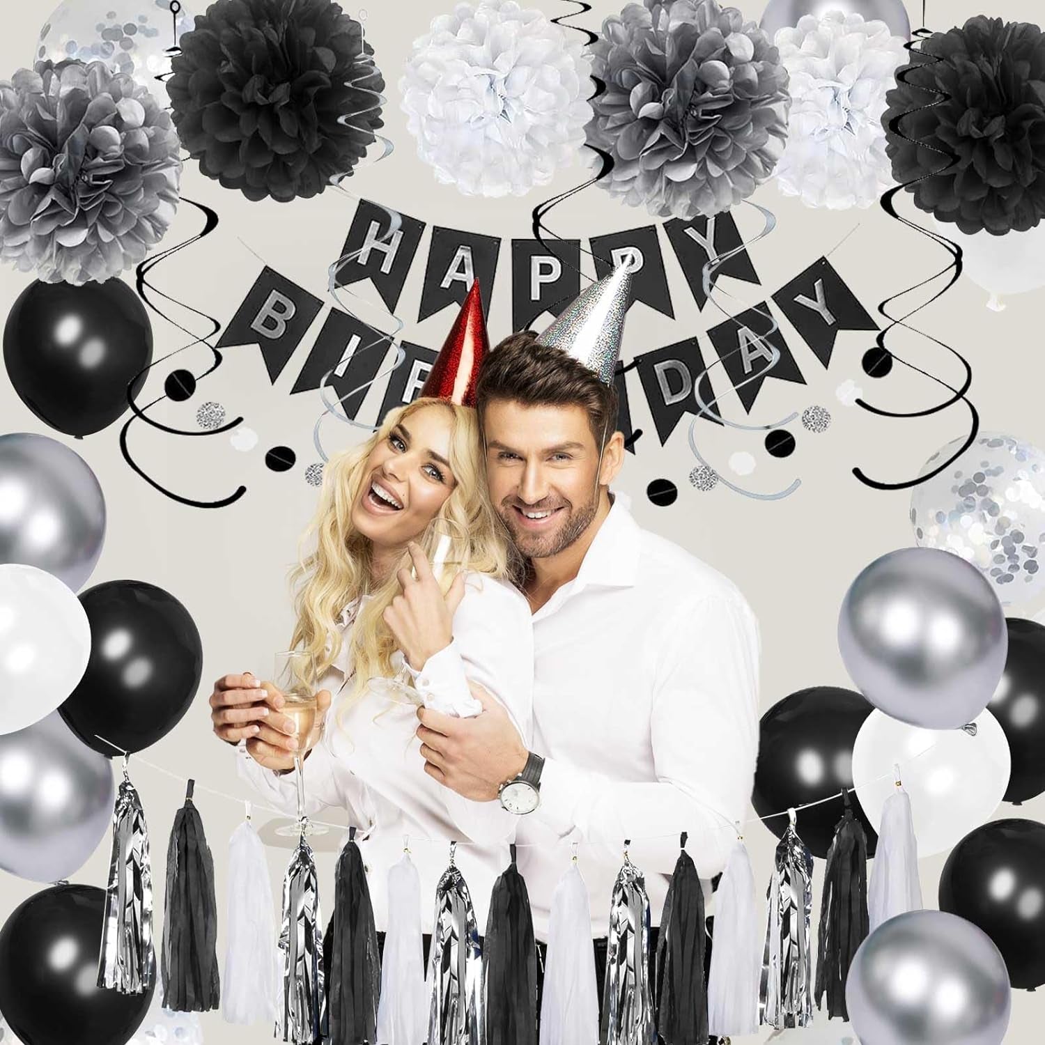 Birthday Decorations for Men, Black and Silver Happy Birthday Party Decorations, Black and White Party Supplies - Banner, Balloons, Tissue Pompoms, Swirls, Tassels Garland