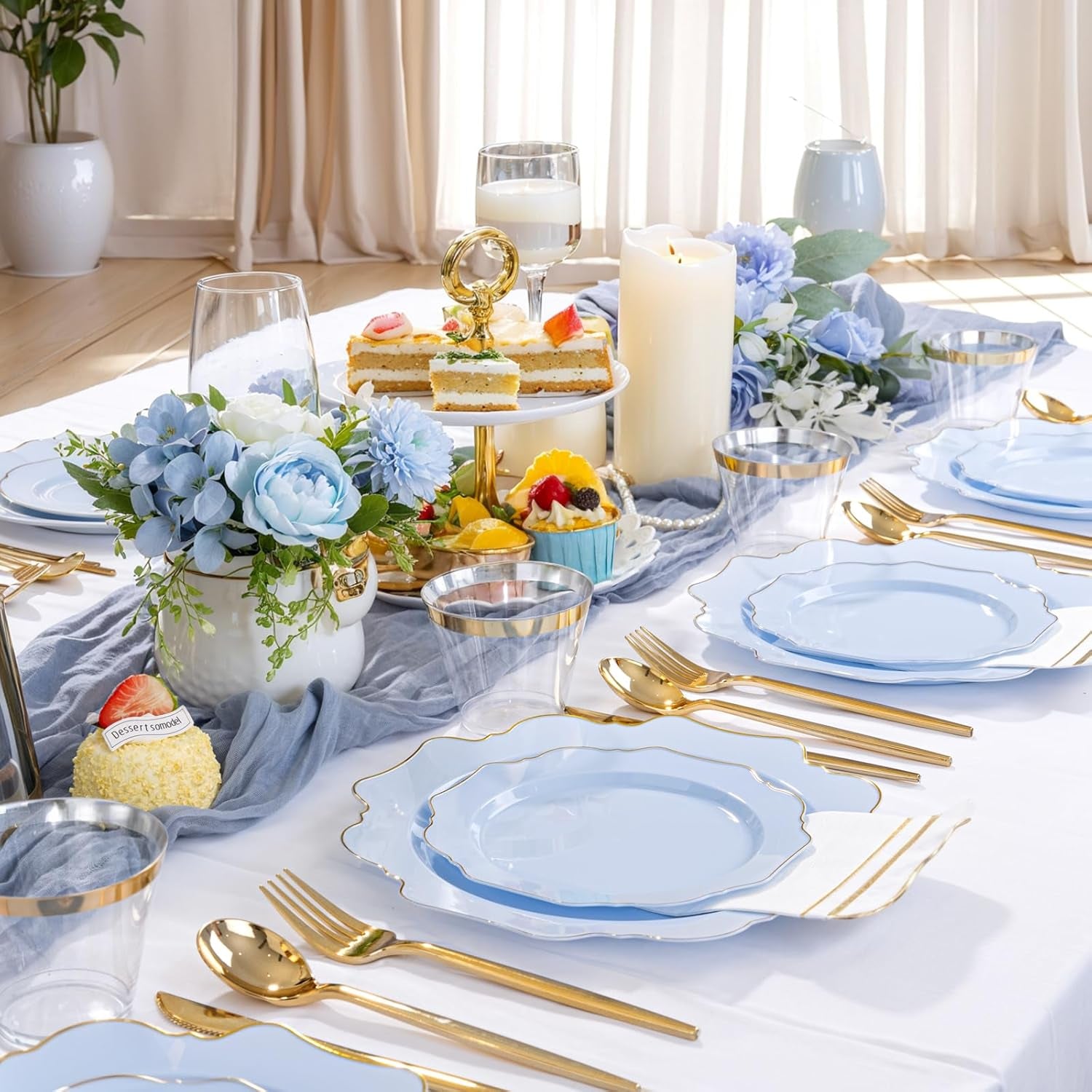 175Pcs Blue Plastic Plates - Heavy Duty Baby Blue Plates Disposable - 25Guests Plastic Dinnerware Ideal for Parties/Wedding/Baby Shower