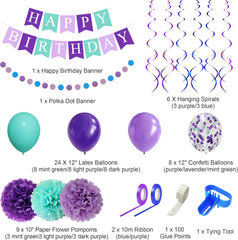 Mermaid Birthday Party Decorations for Girls Women, Happy Birthday Banner Purple Mint Green Confetti Balloons Dots Garland Pompoms Swirls for Party Baby Shower Decorations