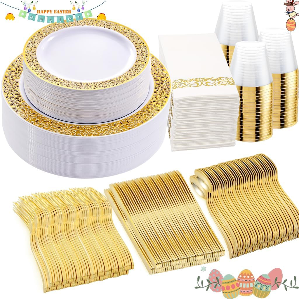 350-Piece Premium Gold Dinnerware Set - Includes Dinner Plates, Dessert Plates, Napkins, Cups, and Plastic Cutlery for Elegant Events