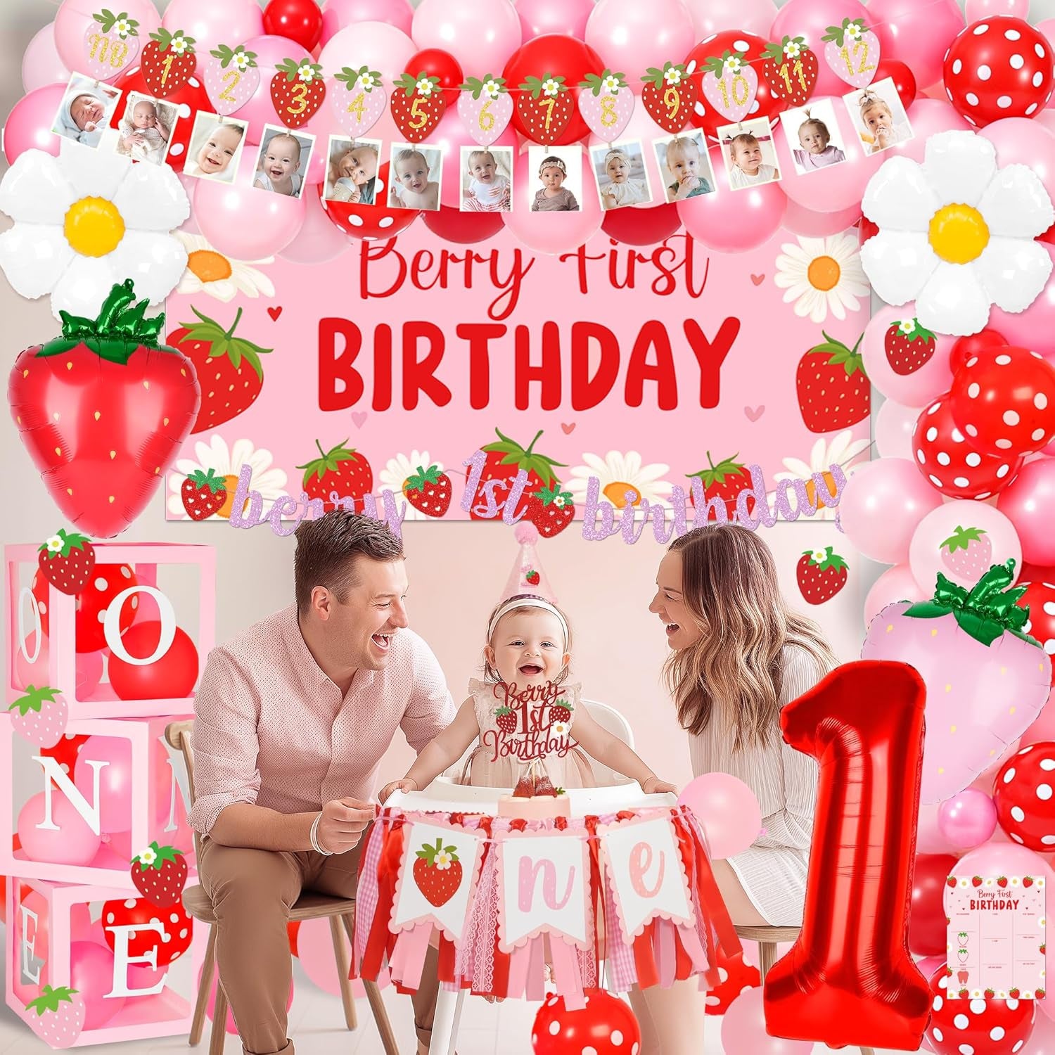 Berry First Birthday Decor Strawberry 1St Birthday Decorations for Girls with Balloon Arch, Highchair Banner Strawberry Theme Backdrop, Photo Banner, Cake Topper