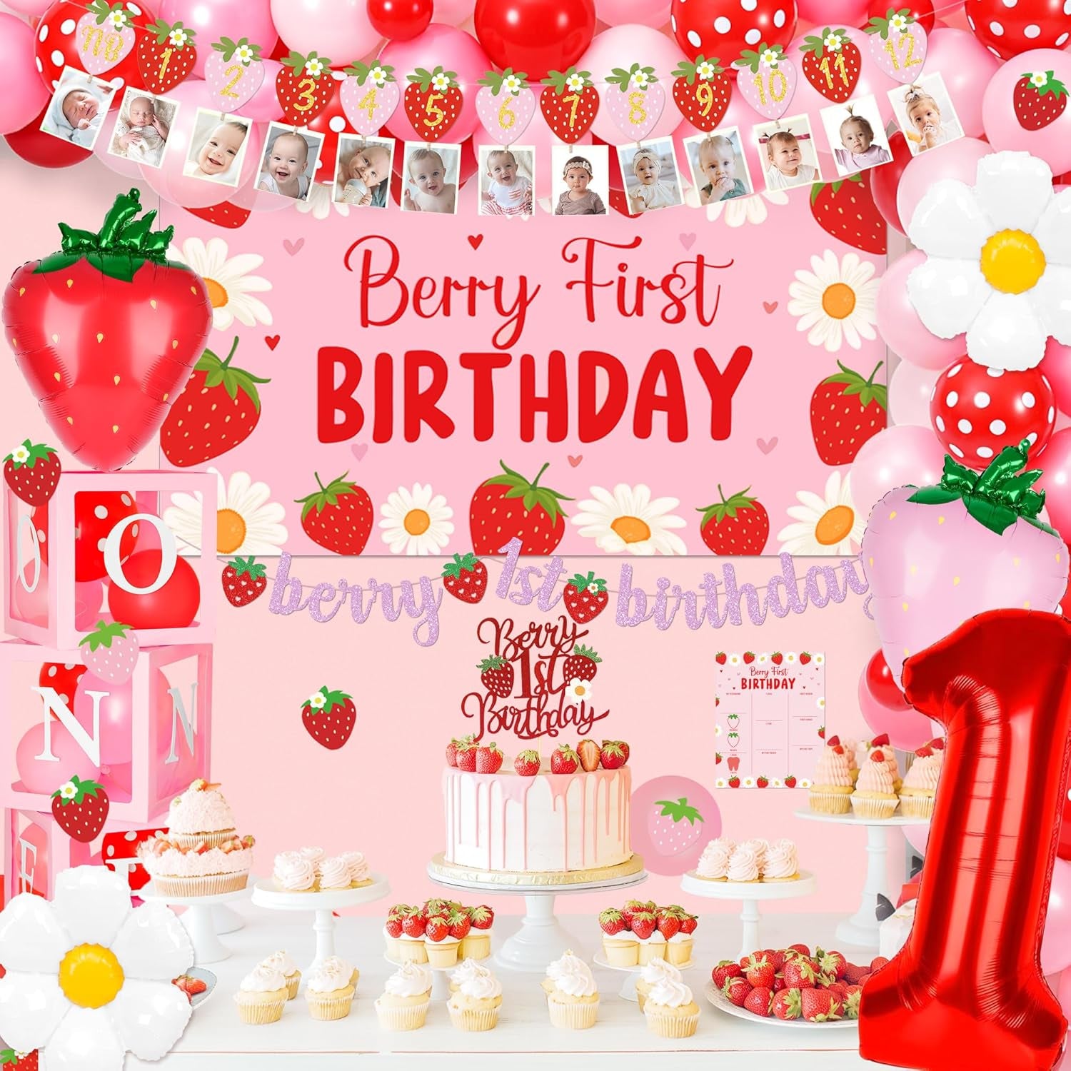 Berry First Birthday Decor Strawberry 1St Birthday Decorations for Girls with Balloon Arch, Highchair Banner Strawberry Theme Backdrop, Photo Banner, Cake Topper