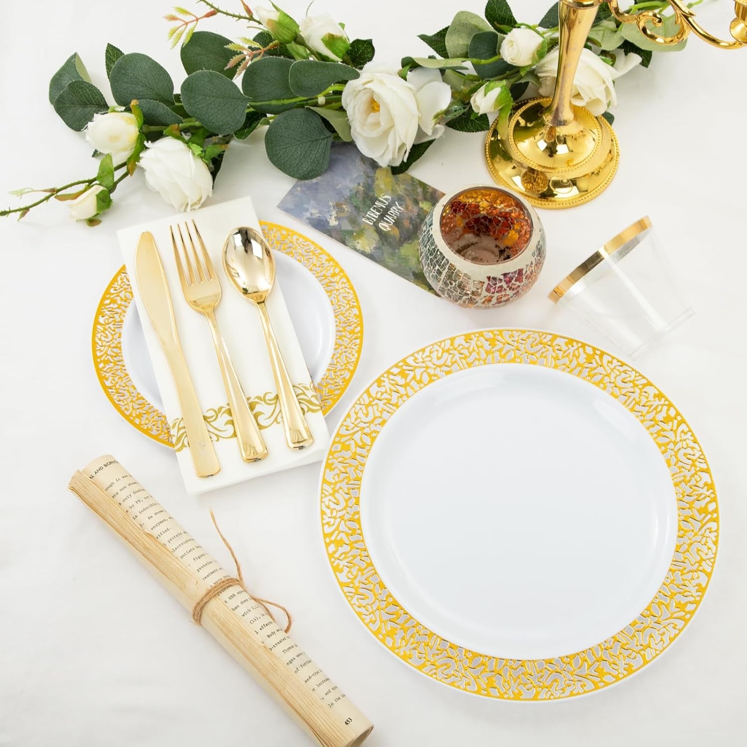 350-Piece Premium Gold Dinnerware Set - Includes Dinner Plates, Dessert Plates, Napkins, Cups, and Plastic Cutlery for Elegant Events