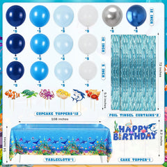 Under the Sea Party Decorations 98Pcs, Ocean Theme Birthday Party Supplies Include Backdrop Tablecloth Bubble Garlands Cake Topper Ocean Animals Balloons for Pool Beach Party Baby Shower (Ocean-01)