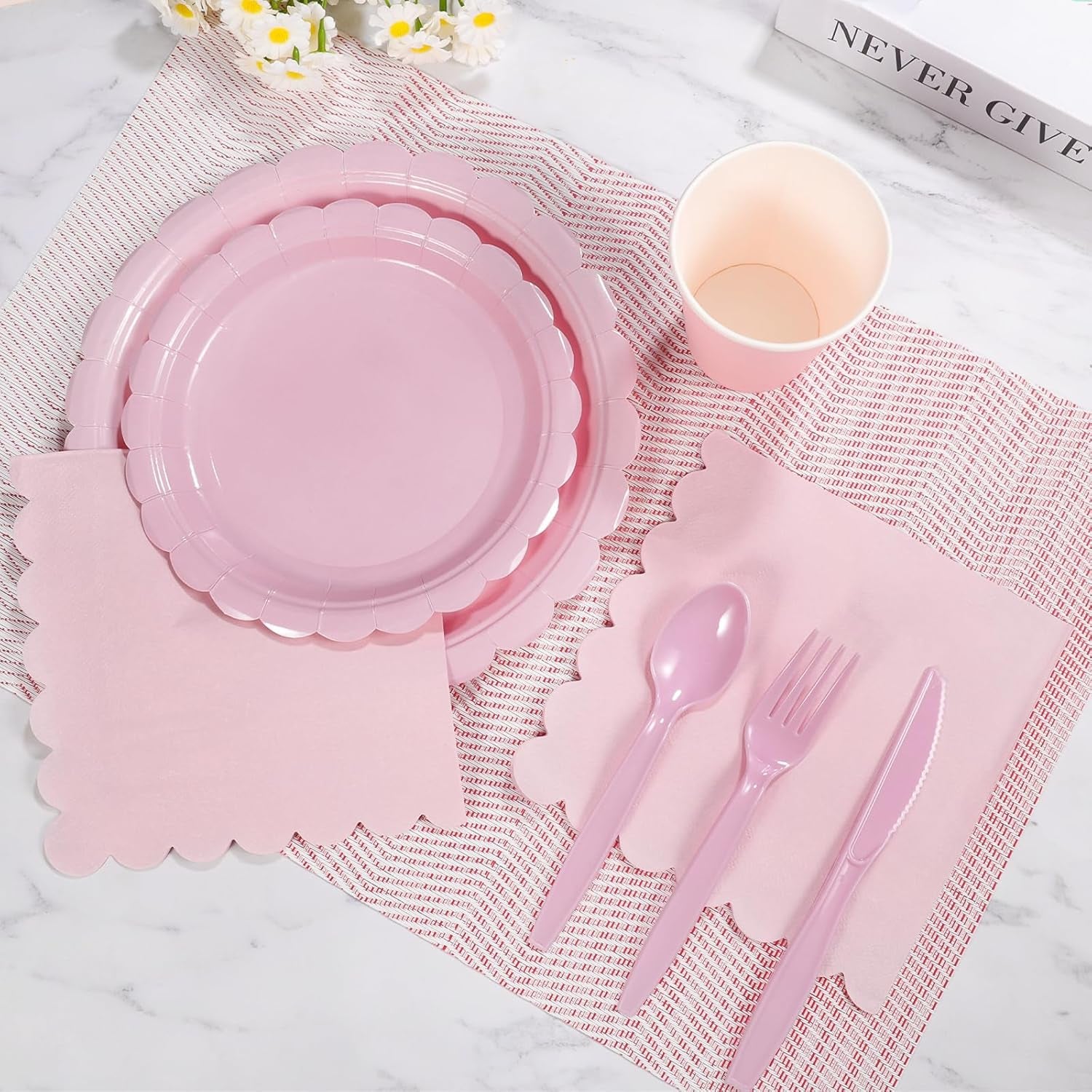 175 Pcs Pink Paper Plates and Napkins, Light Pink Party Supplies Include Scalloped Plate Napkins Cups Plastic Spoons Forks Knives for Baby Shower, Wedding, Birthday
