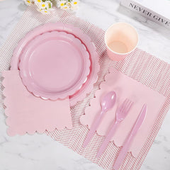 175 Pcs Pink Paper Plates and Napkins, Light Pink Party Supplies Include Scalloped Plate Napkins Cups Plastic Spoons Forks Knives for Baby Shower, Wedding, Birthday