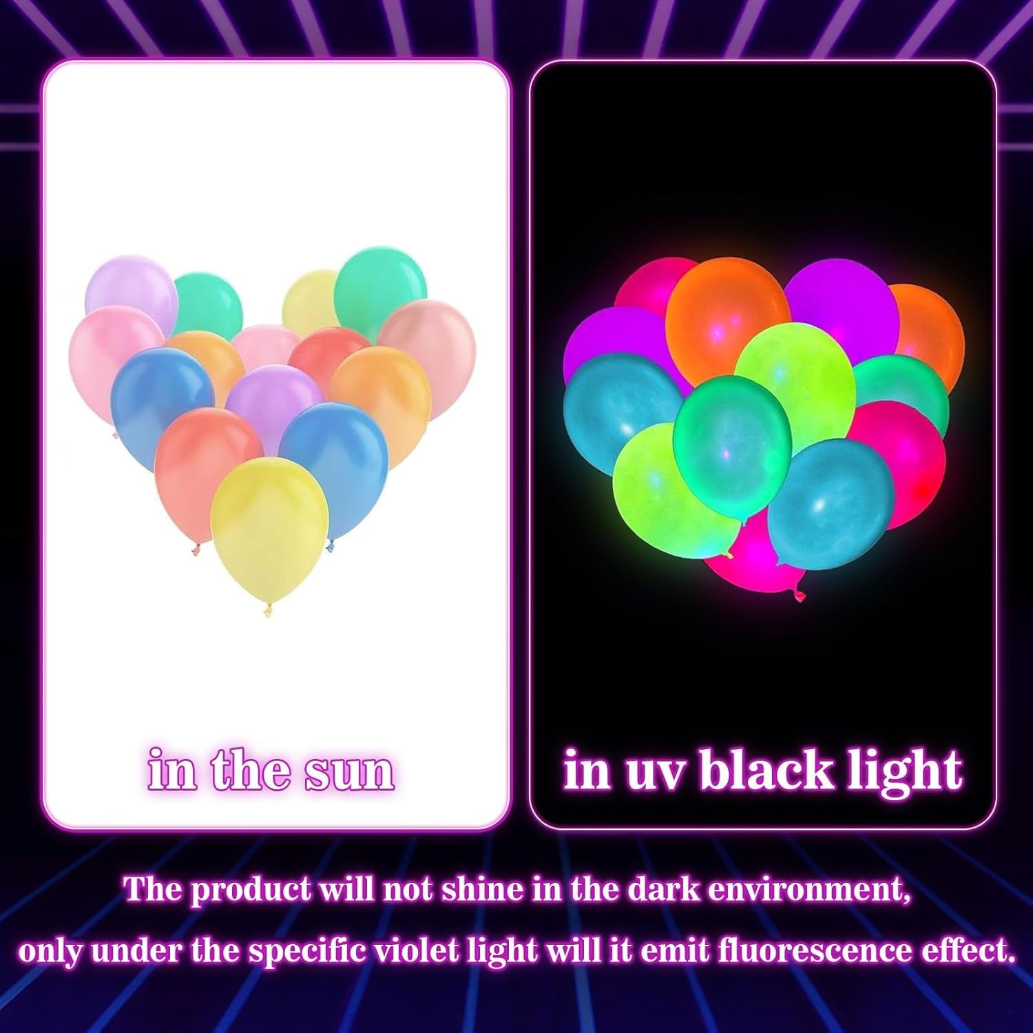 100 Pcs UV Neon Balloons ,Neon Glow Party Balloons UV Black Light Balloons Glow in the Dark for Birthday Decorations Wedding Glow Party Supplies Blacklight Reactive Fluorescent Balloons