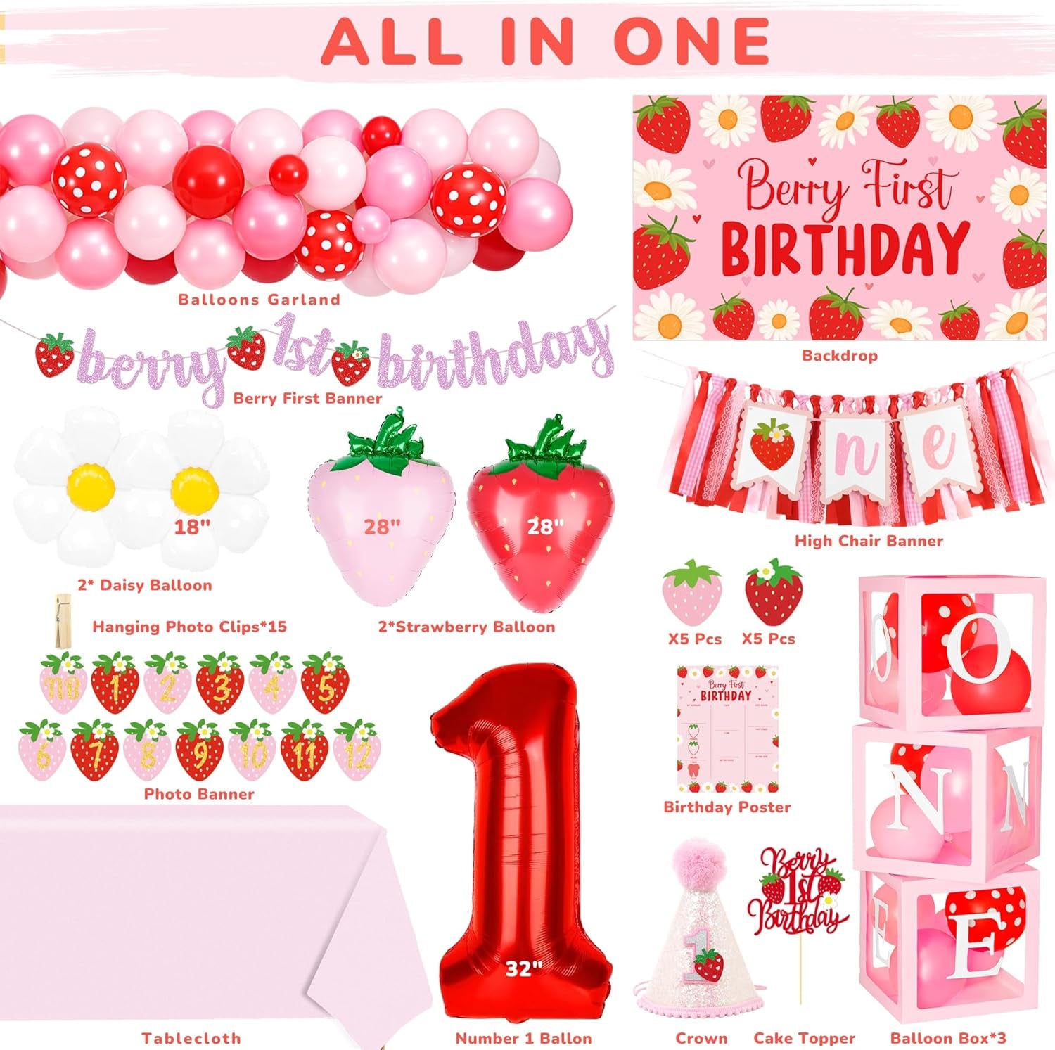 Berry First Birthday Decor Strawberry 1St Birthday Decorations for Girls with Balloon Arch, Highchair Banner Strawberry Theme Backdrop, Photo Banner, Cake Topper