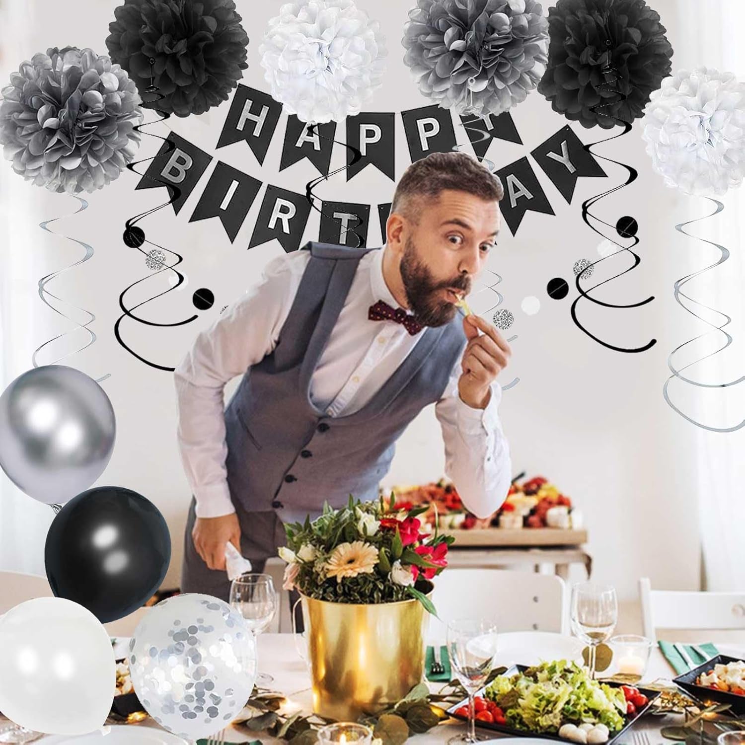 Birthday Decorations for Men, Black and Silver Happy Birthday Party Decorations, Black and White Party Supplies - Banner, Balloons, Tissue Pompoms, Swirls, Tassels Garland