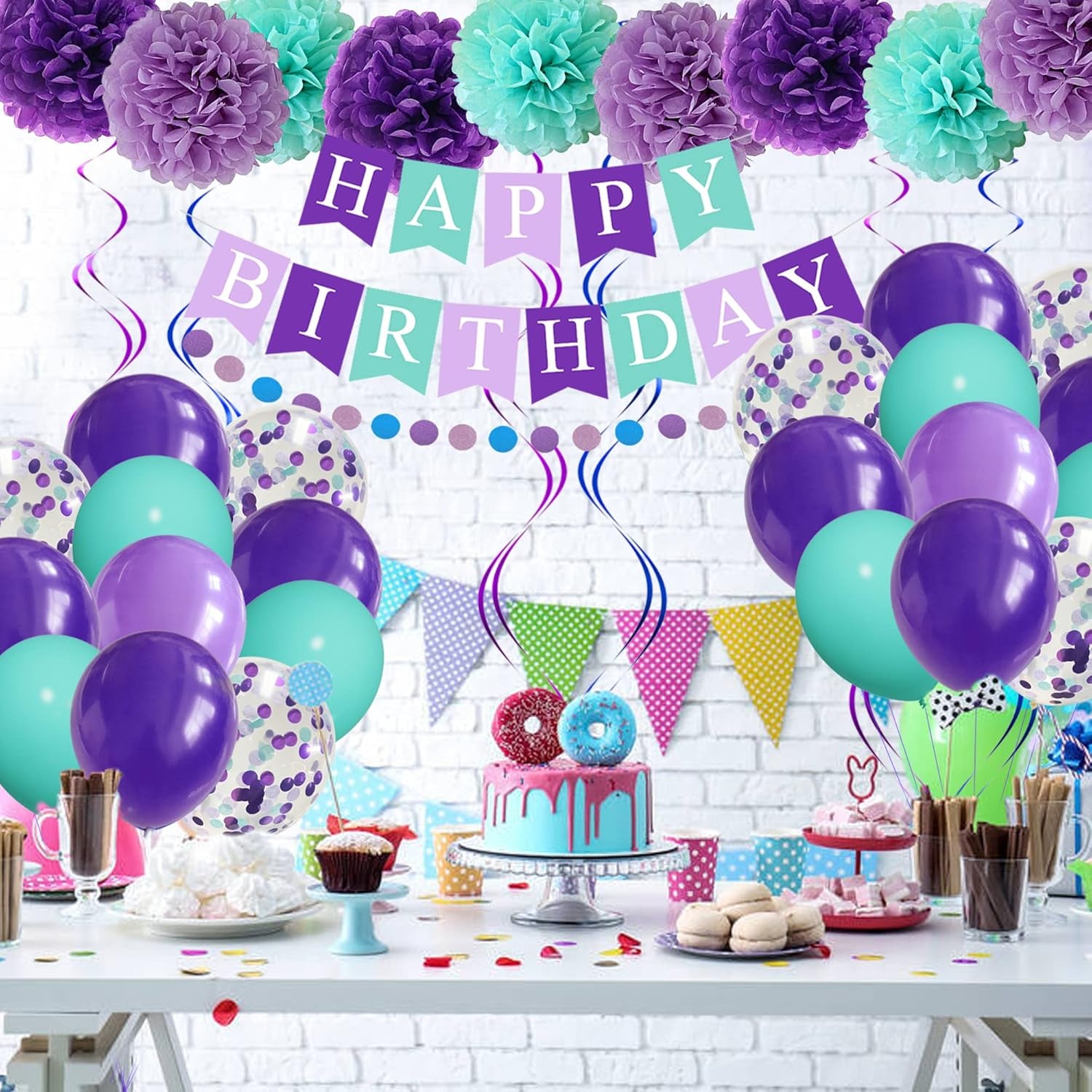 Mermaid Birthday Party Decorations for Girls Women, Happy Birthday Banner Purple Mint Green Confetti Balloons Dots Garland Pompoms Swirls for Party Baby Shower Decorations