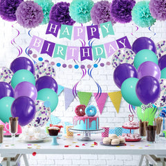 Mermaid Birthday Party Decorations for Girls Women, Happy Birthday Banner Purple Mint Green Confetti Balloons Dots Garland Pompoms Swirls for Party Baby Shower Decorations
