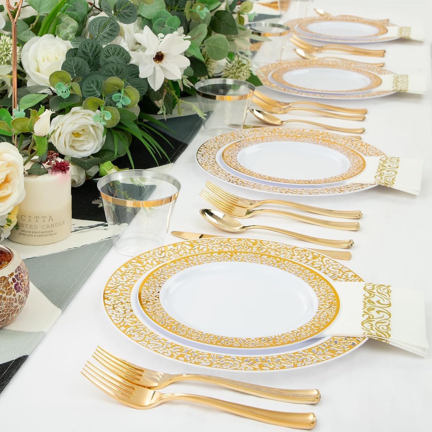 350-Piece Premium Gold Dinnerware Set - Includes Dinner Plates, Dessert Plates, Napkins, Cups, and Plastic Cutlery for Elegant Events