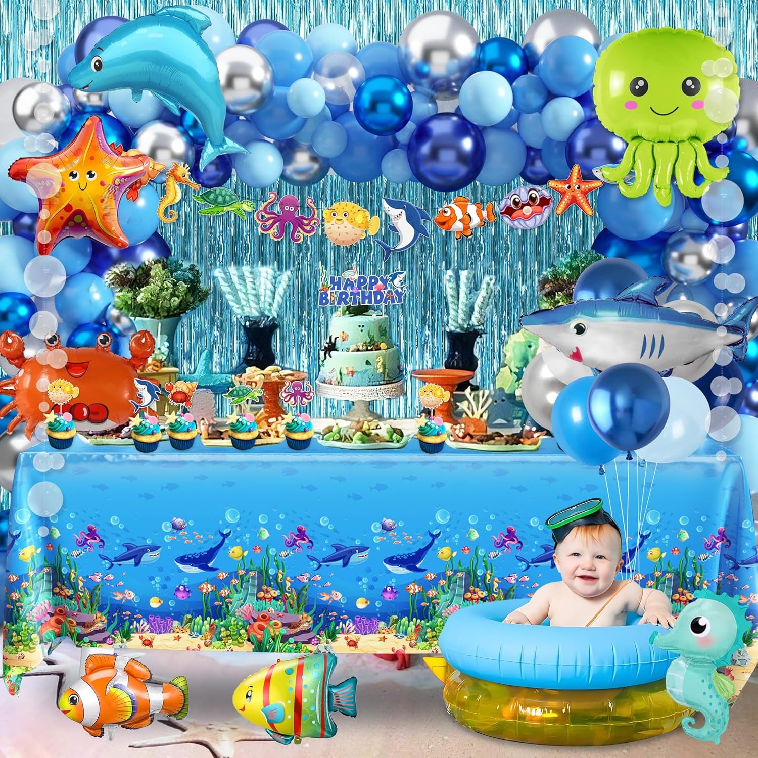 Under the Sea Party Decorations 98Pcs, Ocean Theme Birthday Party Supplies Include Backdrop Tablecloth Bubble Garlands Cake Topper Ocean Animals Balloons for Pool Beach Party Baby Shower (Ocean-01)