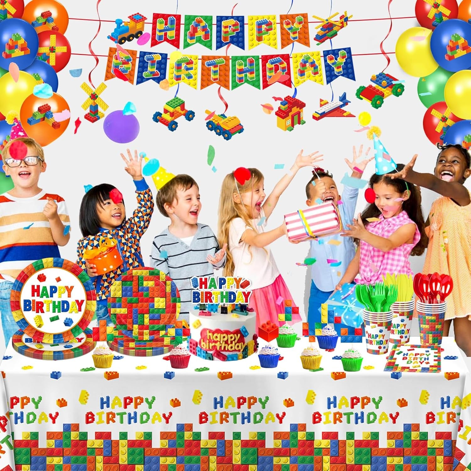 173 PCS Building Block Birthday Party Decorations - Plates, Napkins, Cups, Cutlery, Cake & Cupcake Toppers, Banner, Hanging Swirls, Tablecloth, Balloons for Boys' Kids' Birthday Party, Serves 20
