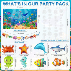 Under the Sea Party Decorations 98Pcs, Ocean Theme Birthday Party Supplies Include Backdrop Tablecloth Bubble Garlands Cake Topper Ocean Animals Balloons for Pool Beach Party Baby Shower (Ocean-01)