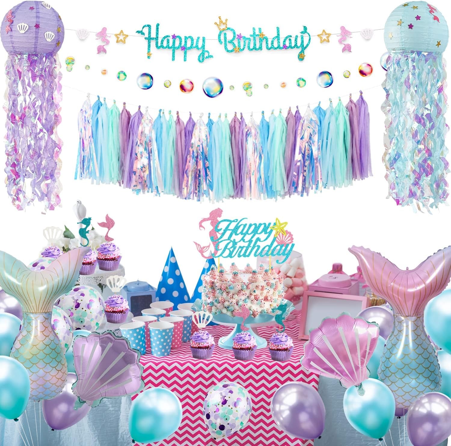 Mermaid Birthday Party Decorations Supplies Banner Tassel Garland Bubble Garland Hanging Jelly Fish Paper Lanterns Balloons Cake Topper Mermaid Happy Birthday Decorations for Kids Girls Women