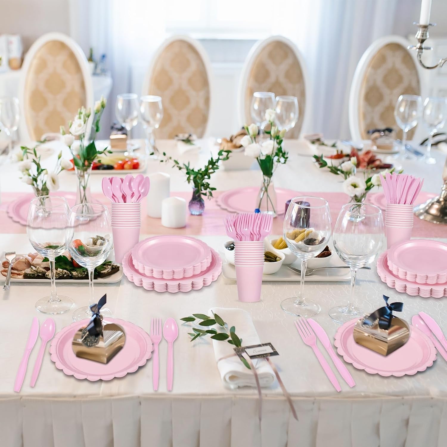 175 Pcs Pink Paper Plates and Napkins, Light Pink Party Supplies Include Scalloped Plate Napkins Cups Plastic Spoons Forks Knives for Baby Shower, Wedding, Birthday